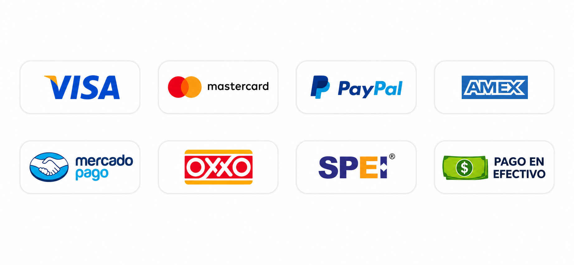 Métodos de pago aceptados: Visa, Mastercard, PayPal, AMEX, Mercado Pago, OXXO, SPEI, pago en efectivo