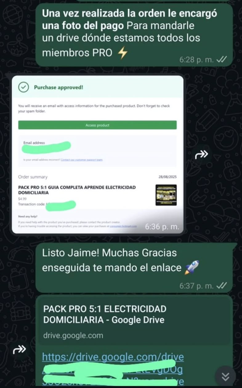 Compra aprobada y entrega del Pack Pro por WhatsApp