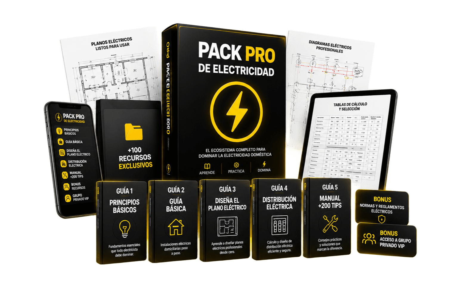 Pack Pro de Electricidad: caja, guías, tablet, móvil, planos y bonos